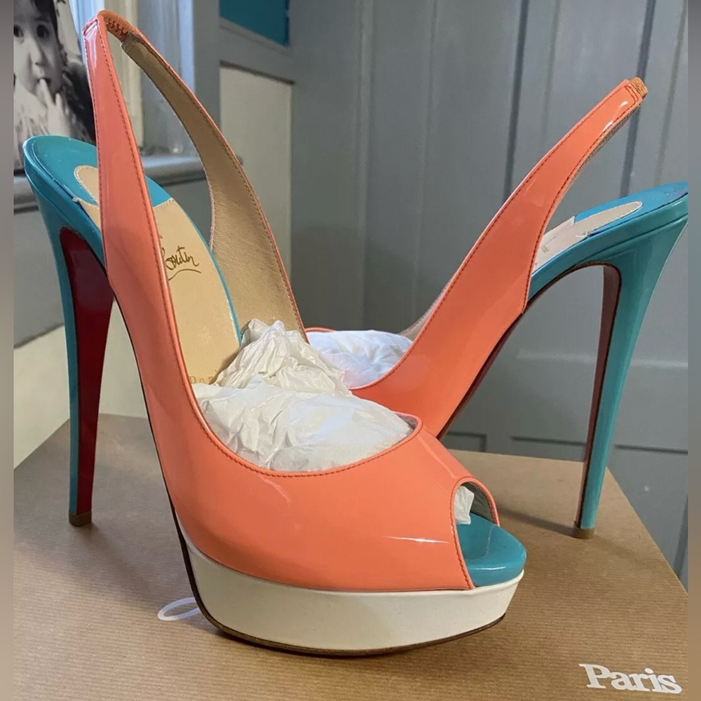 Christian Louboutin Lady Peeps 150 Slingback Patent color: Flamingo Size: 40